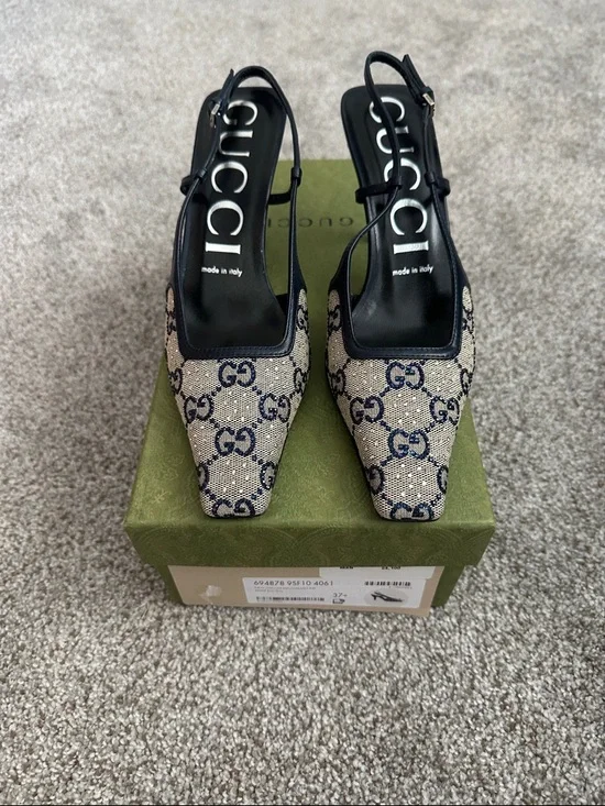 Gucci Beige and Blue GG Canvas and Leather Crystal Embellished Slingback Heels - Picture 1 of 5